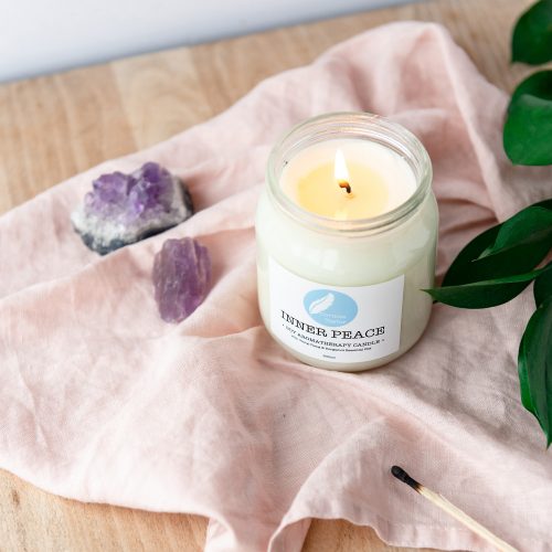 Inner Peace soy aromatherapy candle with ylang ylang and bergamot essential oils. 100% natural, vegan, cruelty free, zero waste, gifts.