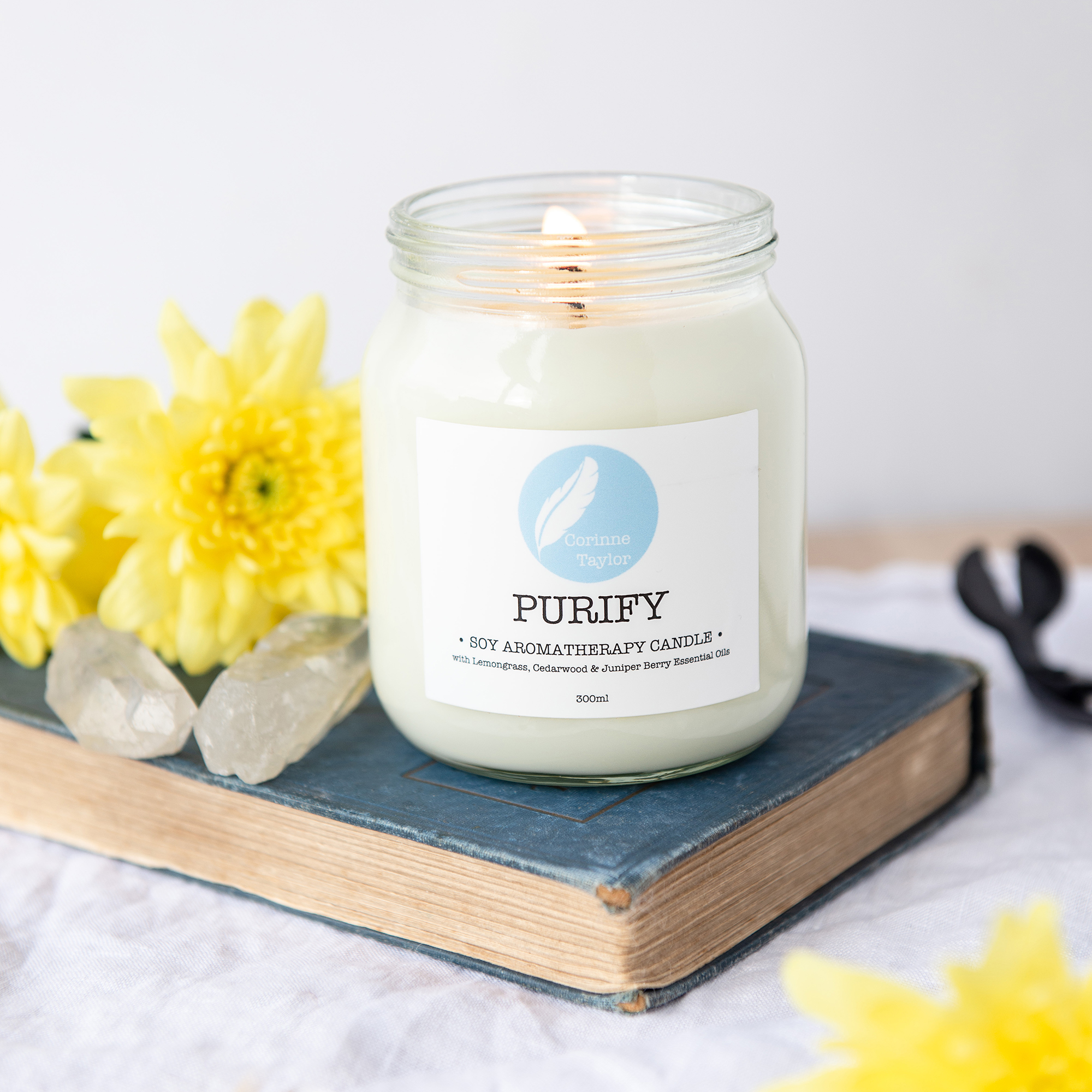 Purify 100% natural Soy Aromatherapy Candle with Lemongrass, Cedarwood & Juniper Berry. Vegan, cruelty free, zero waste, organic.