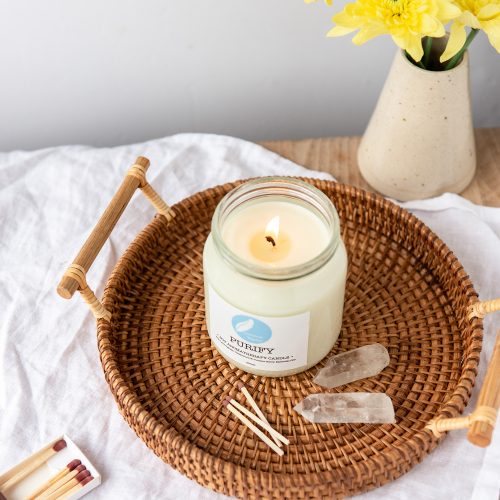 Purify 100% natural Soy Aromatherapy Candle with Lemongrass, Cedarwood & Juniper Berry. Vegan, cruelty free, zero waste, organic.