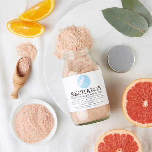Recharge Himalayan Bath Salts with organic coconut, ylang ylang, grapefruit and sweet orange. 100% natural, organic, vegan, cruelty free, zero waste.