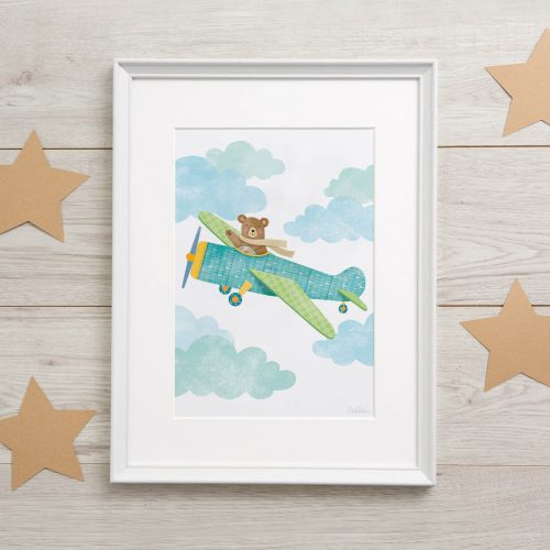 Lifestyle image of a framed bear nursery print