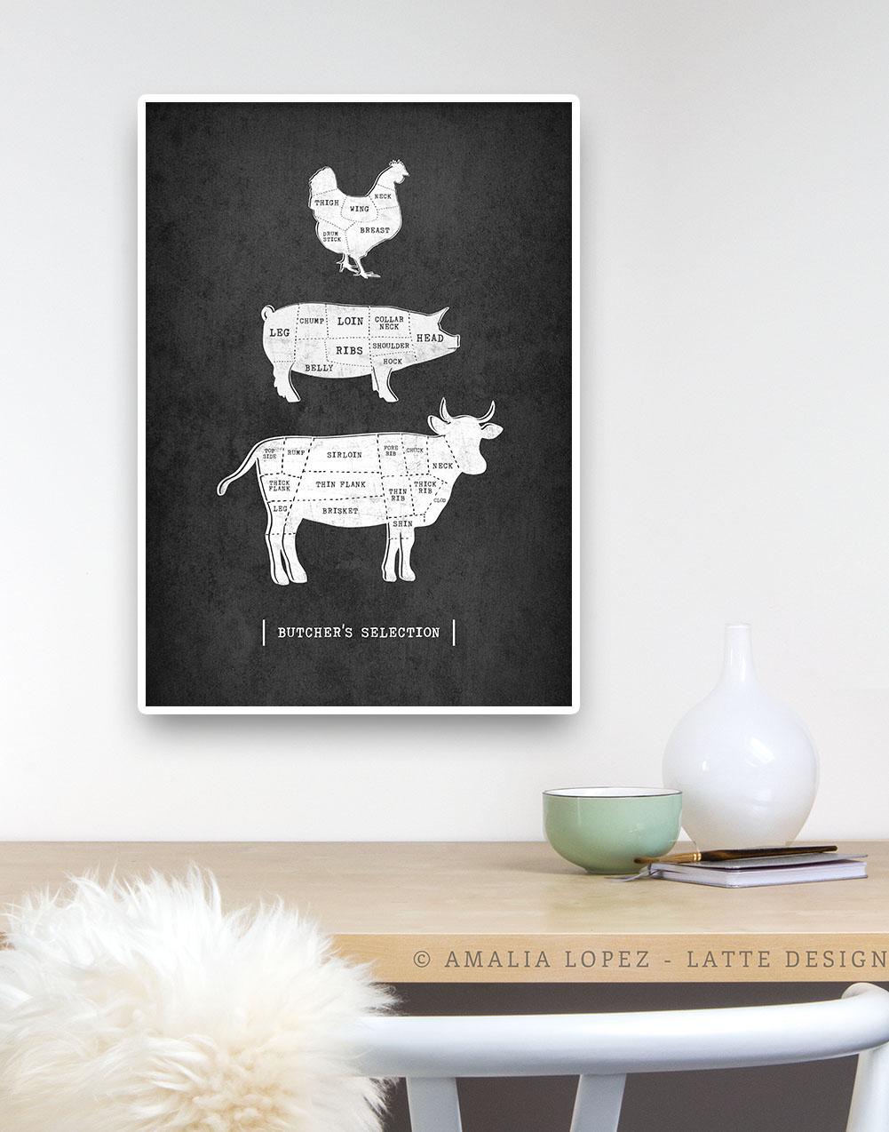 Butcher cuts - PK-BU-G - 4 butcher cuts print. Grey kitchen print