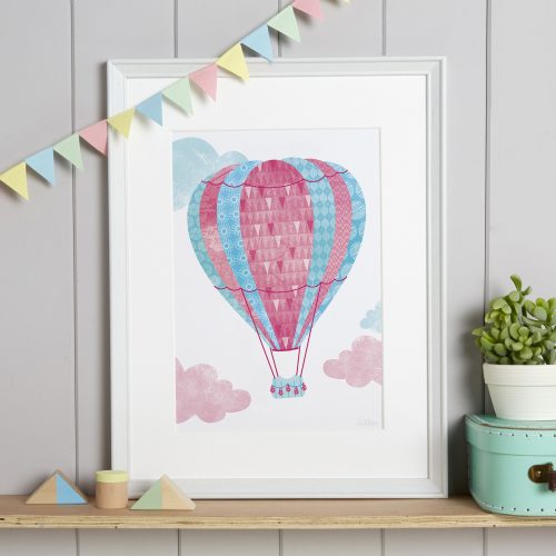 Pink hot air balloon illustrated art print