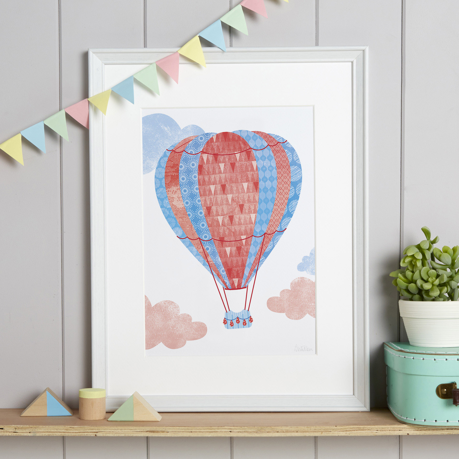 HOT_AIR_BALLOON_RED_A3_Full_Shelf_CREOATE Illustrated hot air balloon nursery print