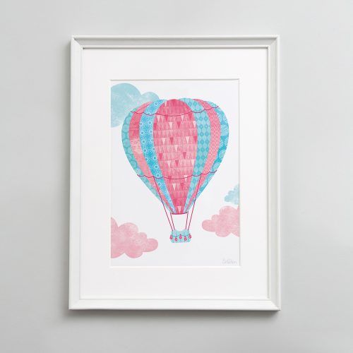 Pink and teal hot air balloon nursery wall art