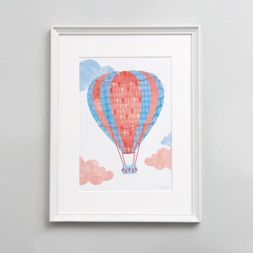 Red and blue hot air balloon nursery wall art