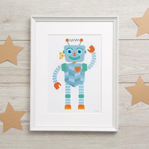 Lifestyle image of a framed robot print