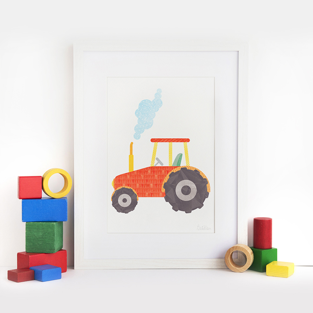 TRACTOR_Art_Print_A3_Coloured_Bricks_CREOATE Tractor poster for toddler room