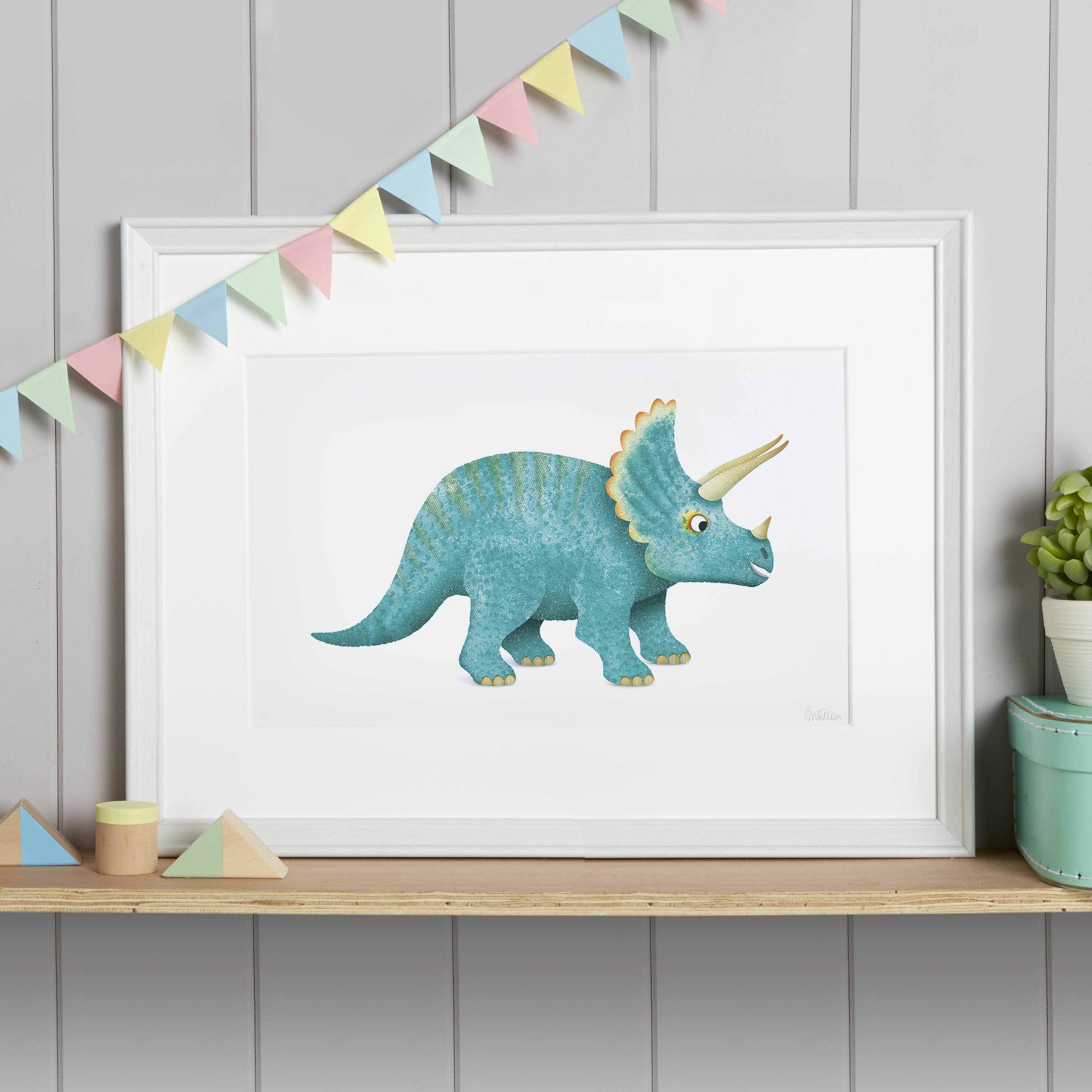 TRICERATOPS_A3_Full_Shelf_CREOATE Dinosaur art print for kids