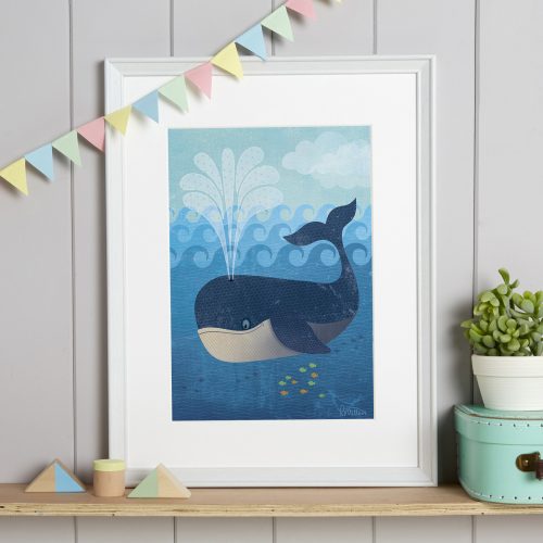 Illustrated whale art print for kids room or bathroom