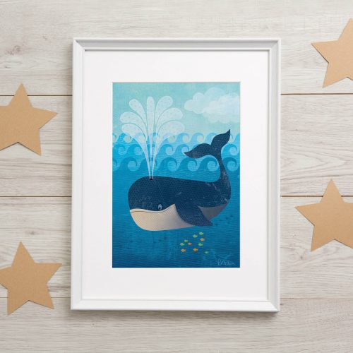 Lifestyle image of a framed whale print