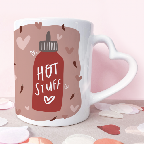11oz ceramic mug with heart shaped handle with a hot sauce illustration on it