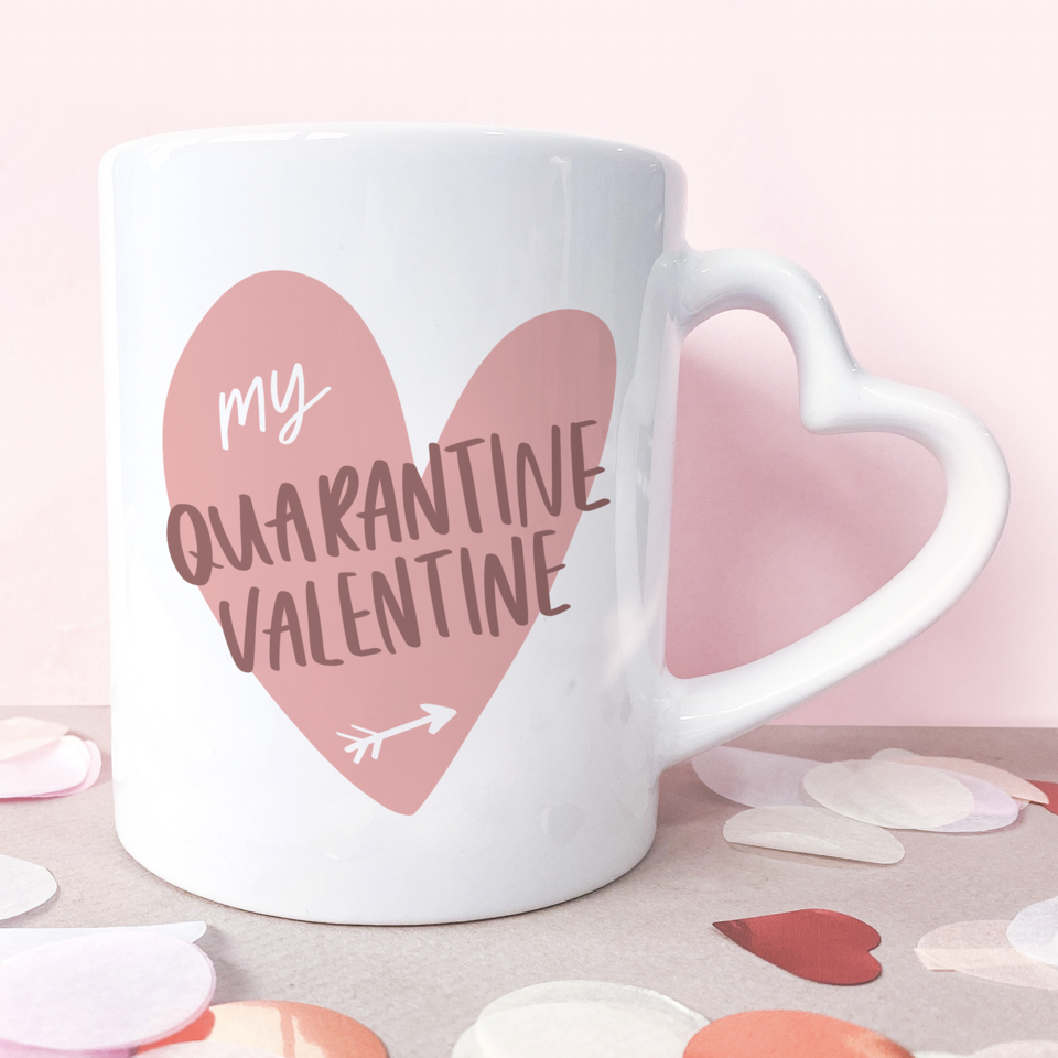 11oz ceramic mug which reads "My Quarantine Valentine" over a minimalistic heart illustration 11oz ceramic mug which reads "My Quarantine Valentine" over a minimalistic heart illustration