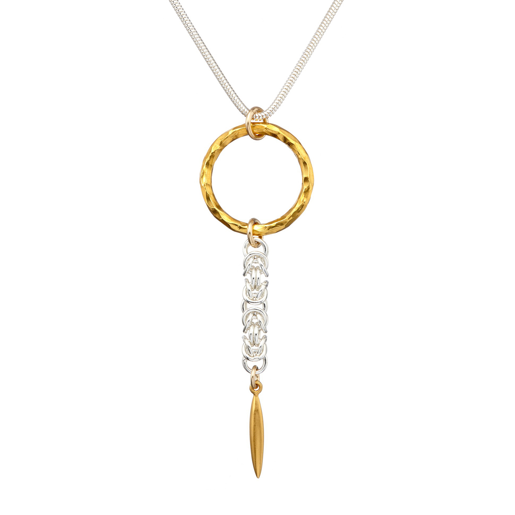 NAIIAD Circle of Life 10 sterling silver Byzantine chainmail & large gold vermeil ring necklace