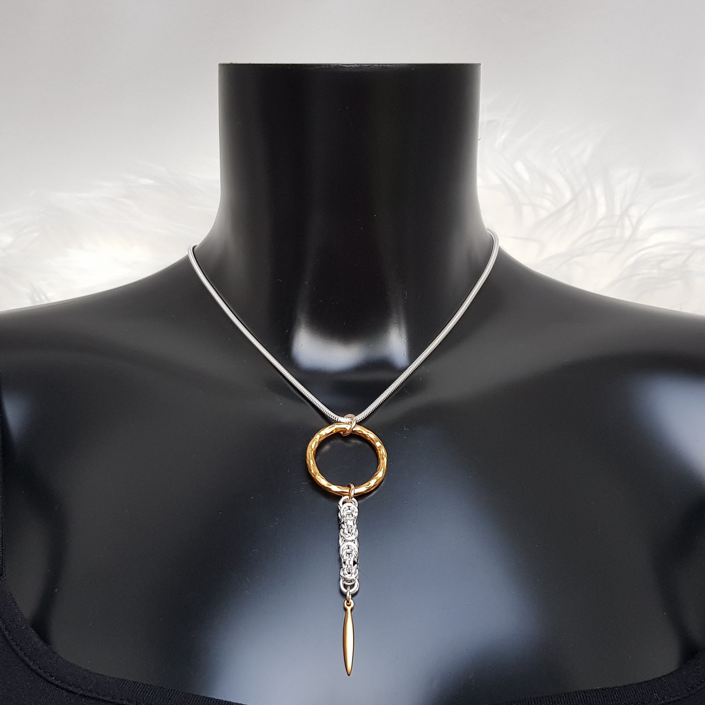 NAIIAD Sterling silver Byzantine large Gold hammered circle & spike - cropped NAIIAD handmade designer Sterling silver Byzantine chainmail and 24k gold vermeil ring and spike necklace