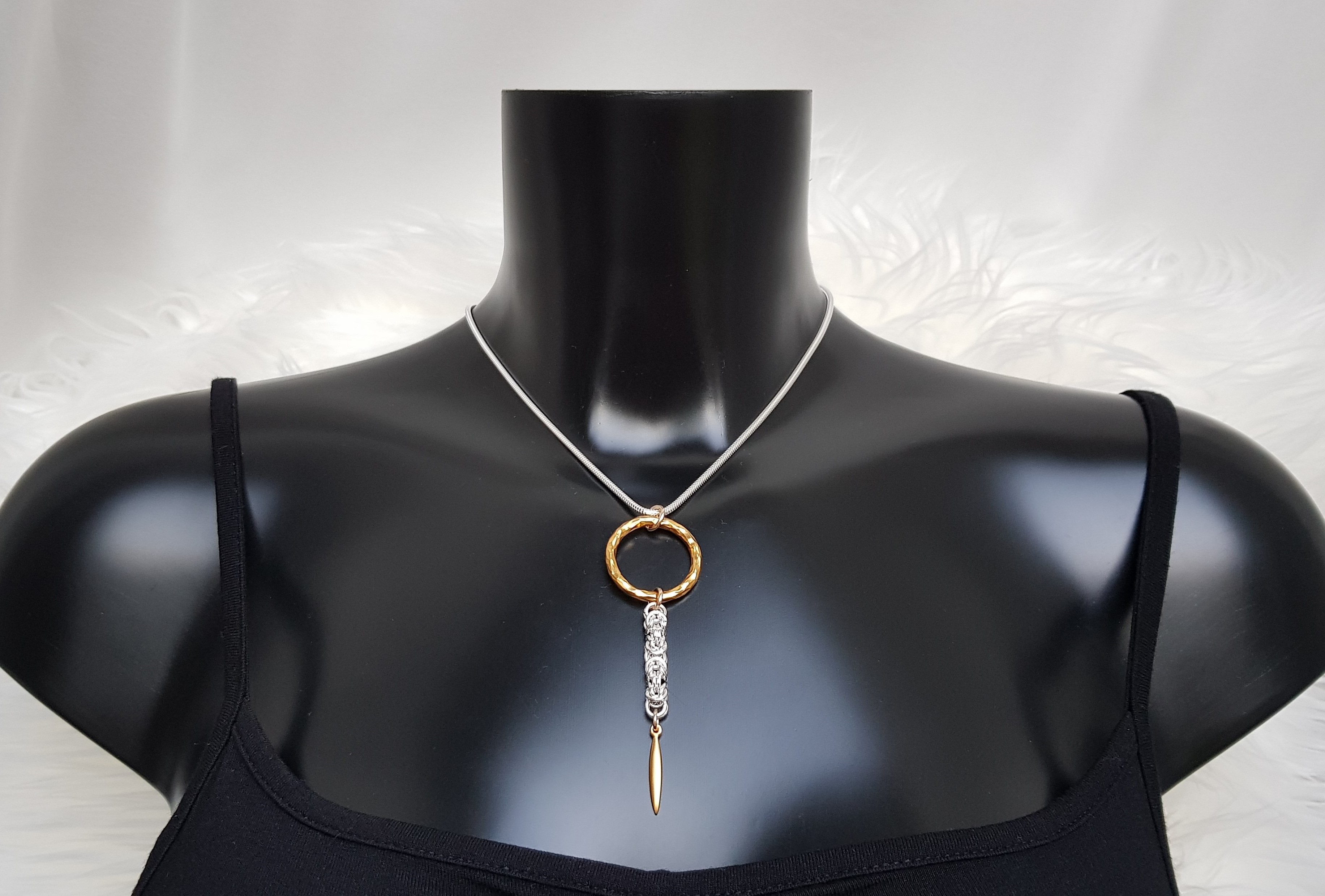 NAIIAD Sterling silver Byzantine large Gold hammered circle & spike NAIIAD handmade designer Sterling silver Byzantine chainmail and 24k gold vermeil ring and spike necklace