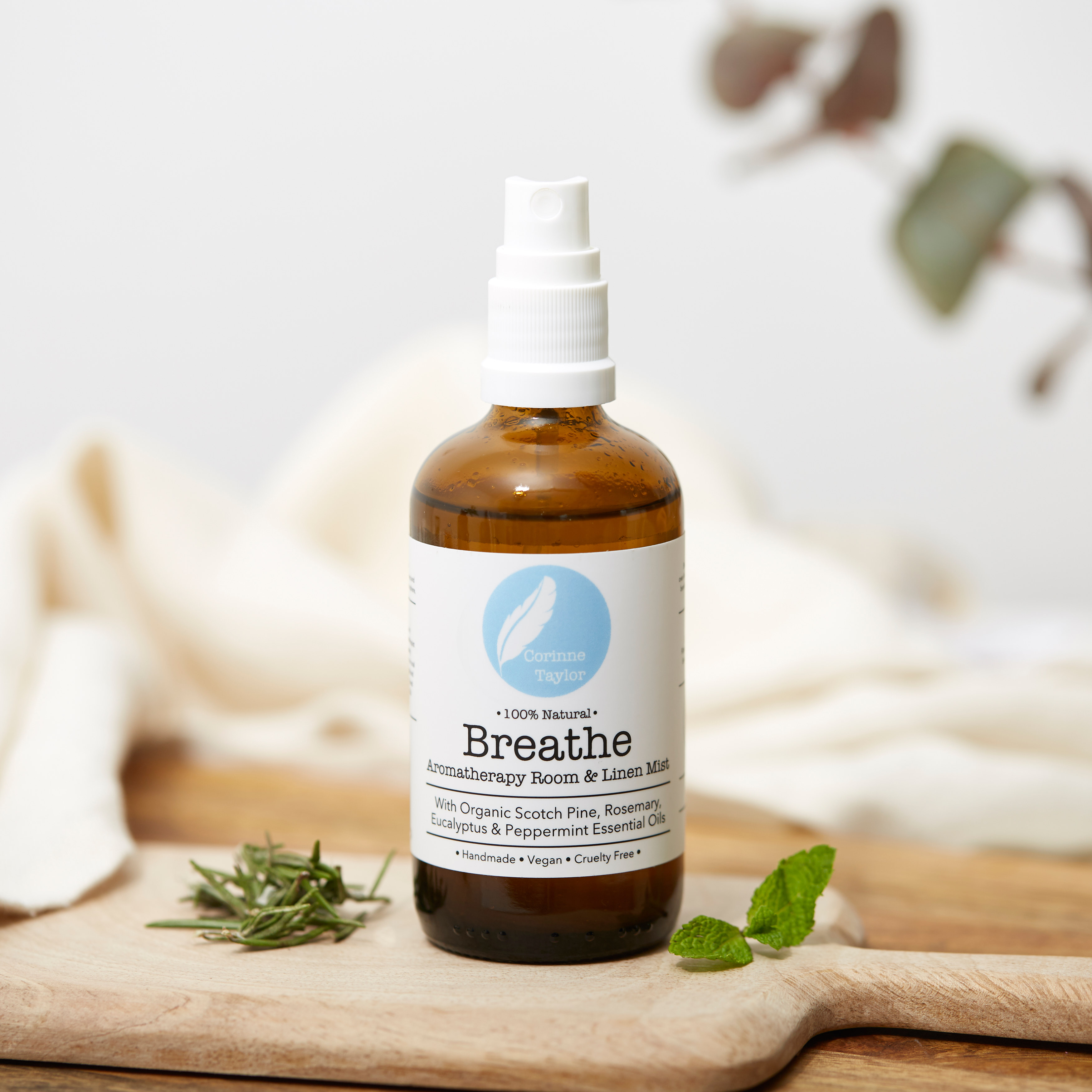 Breathe Aromatherapy Room & Linen Mist with organic Eucalyptus, Peppermint & Rosemary essential oils. zero waste, wellbeing, home spray, vegan, cruelty free
