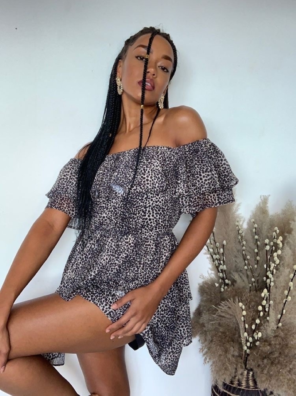 Capri Ruffle Bardot Mini Dress- Animal Print