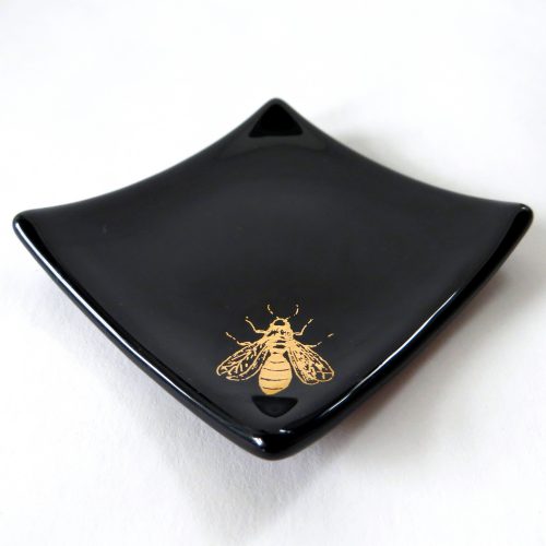 Black and gold bee fused glass ring dish
