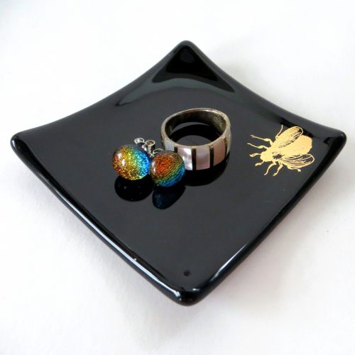 Black and gold bee fused glass ring dish