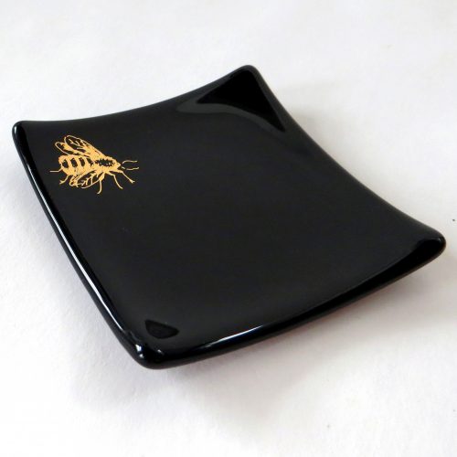 Black and gold bee fused glass ring dish