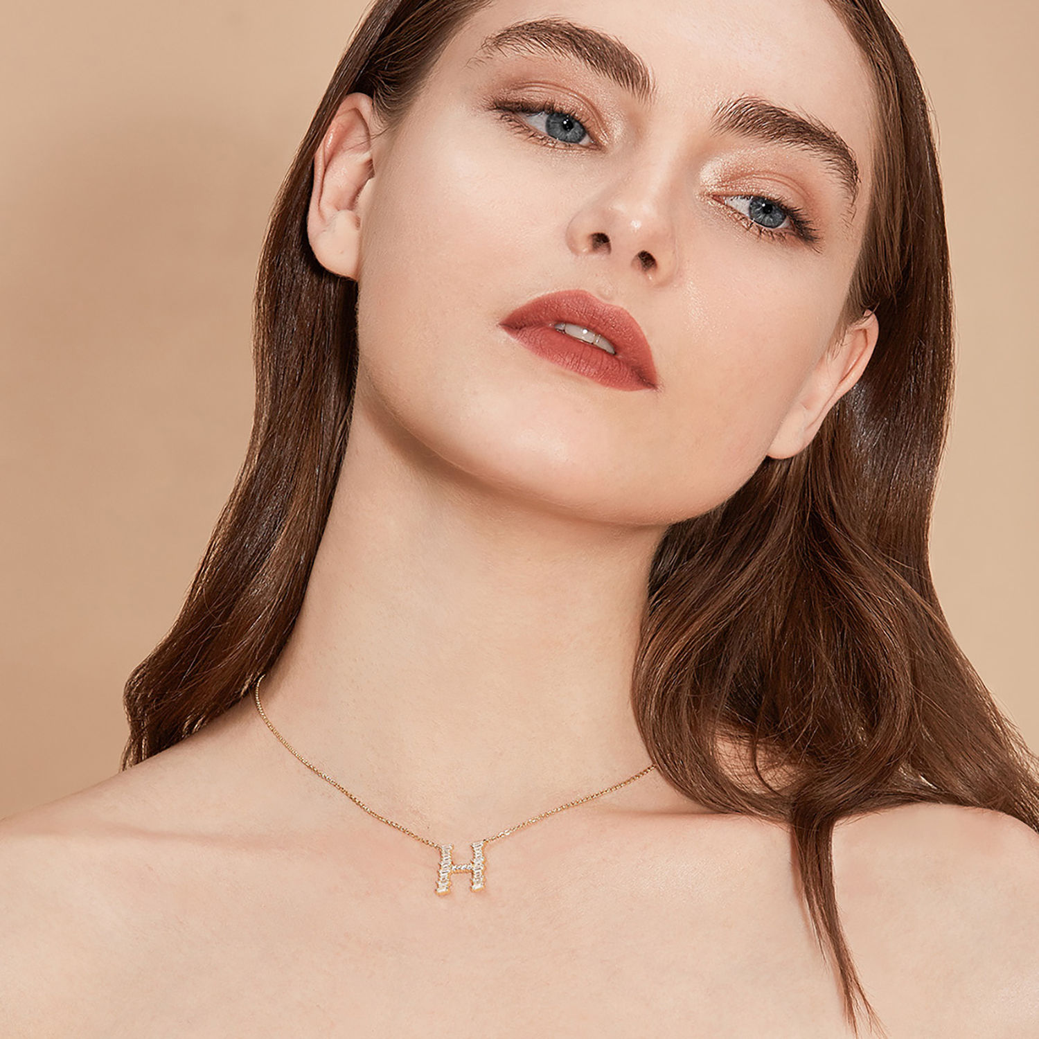 Initial Necklace Collection - Letter H on Model Style 2