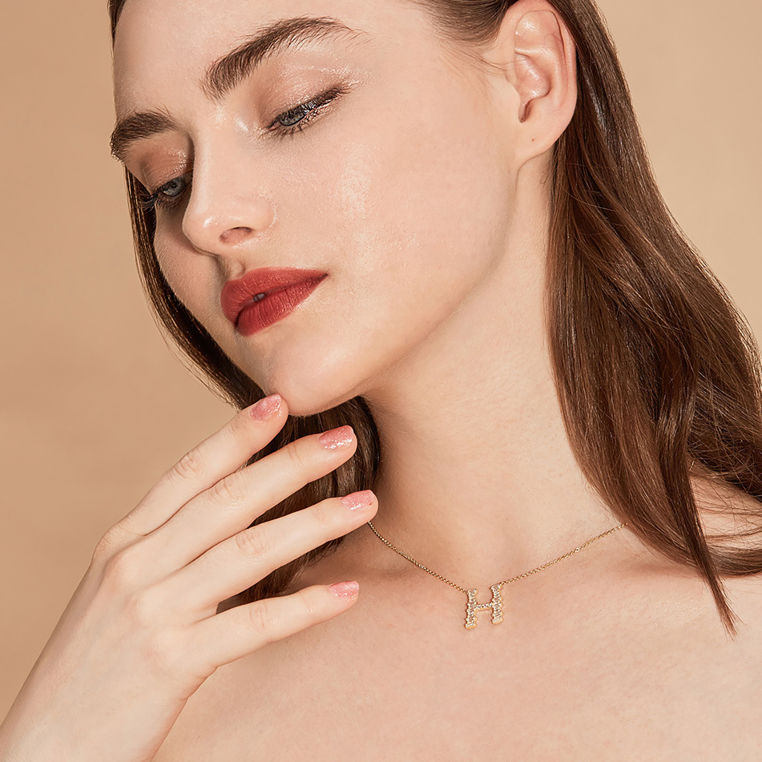Initial Necklace Collection - Letter H on Model