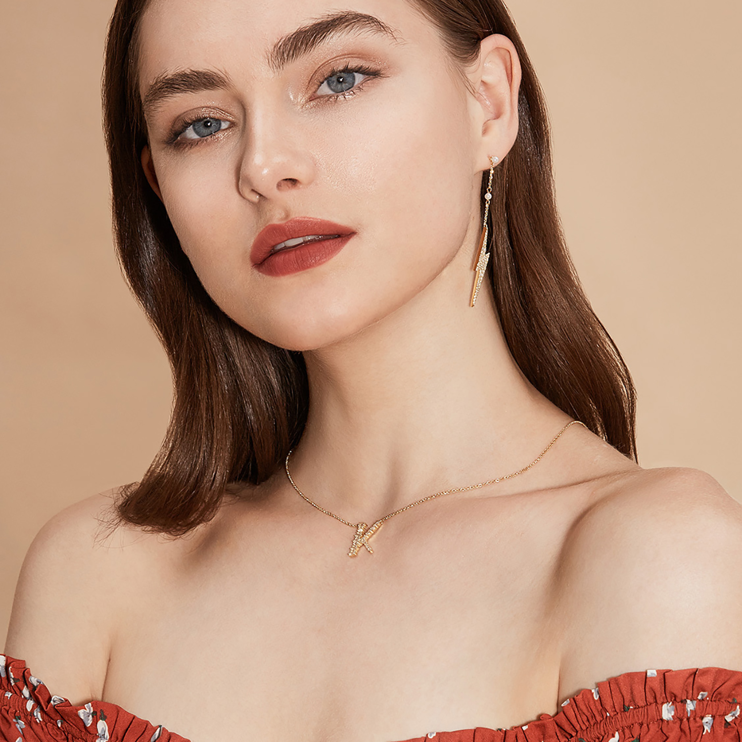 Initial Necklace Collection - Letter K on Model Style 2