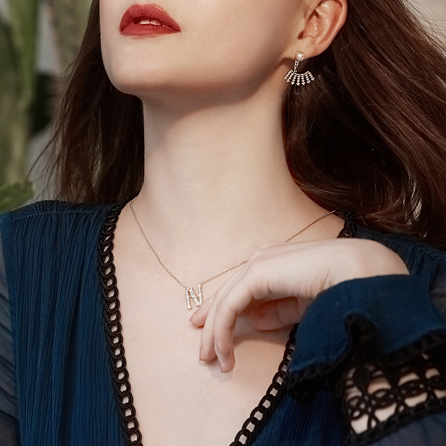 Initial Necklace Collection - Letter N on Model Style 2