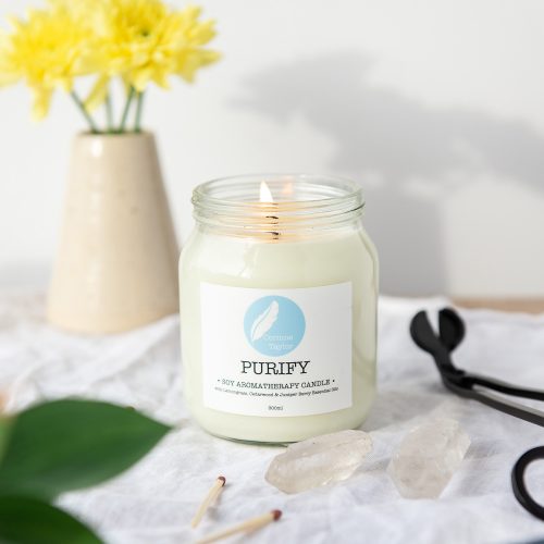 Purify Soy Aromatherapy Candle with Lemongrass, Cedarwood and Juniper Berry. Zero waste, cruelty free, eco friendly, vegan.