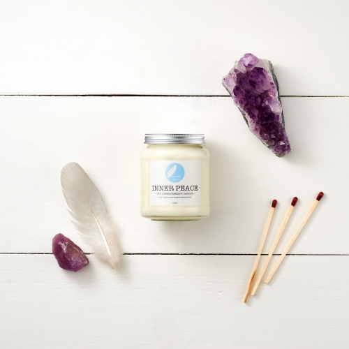Inner Peace Soy Aromatherapy Candle with Ylang Ylang & Bergamot essential oils. Vegan, cruelty free, eco friendly, zero waste.