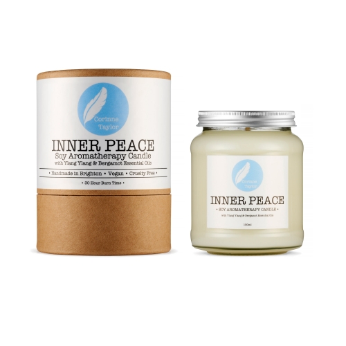 Inner Peace Soy Aromatherapy Candle with Ylang Ylang & Bergamot essential oils. Vegan, cruelty free, eco friendly, zero waste.