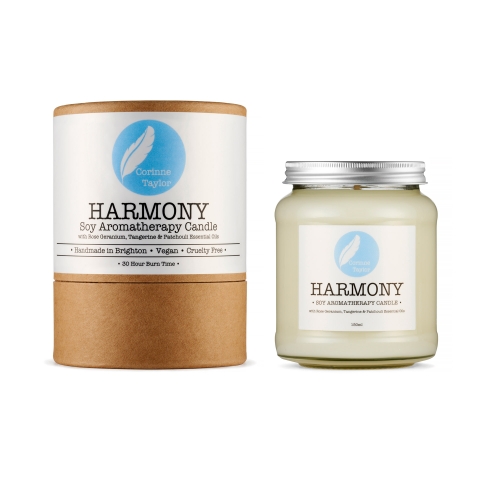 Harmony soy aromatherapy candle with tangerine, patchouli and rose geranium essential oils. 100% natural, vegan, cruelty free, organic, zero waste, gifts.