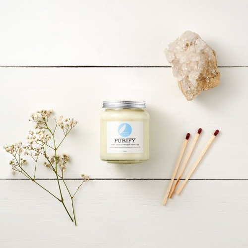 Purify 100% natural Soy Aromatherapy Candle with Lemongrass, Cedarwood & Juniper Berry. Vegan, cruelty free, zero waste, organic.