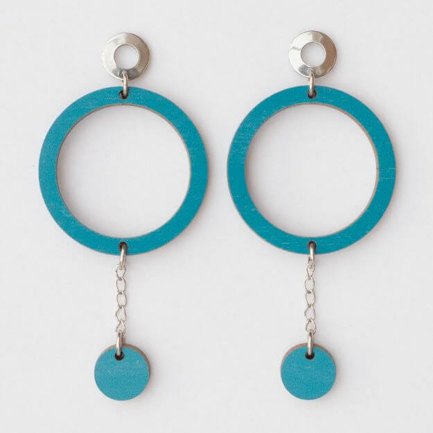 OONA EARRINGS TEAL Colourful Wooden Earrings made by Unique Ella Sustainable Jewellery Scandinavian Design UK