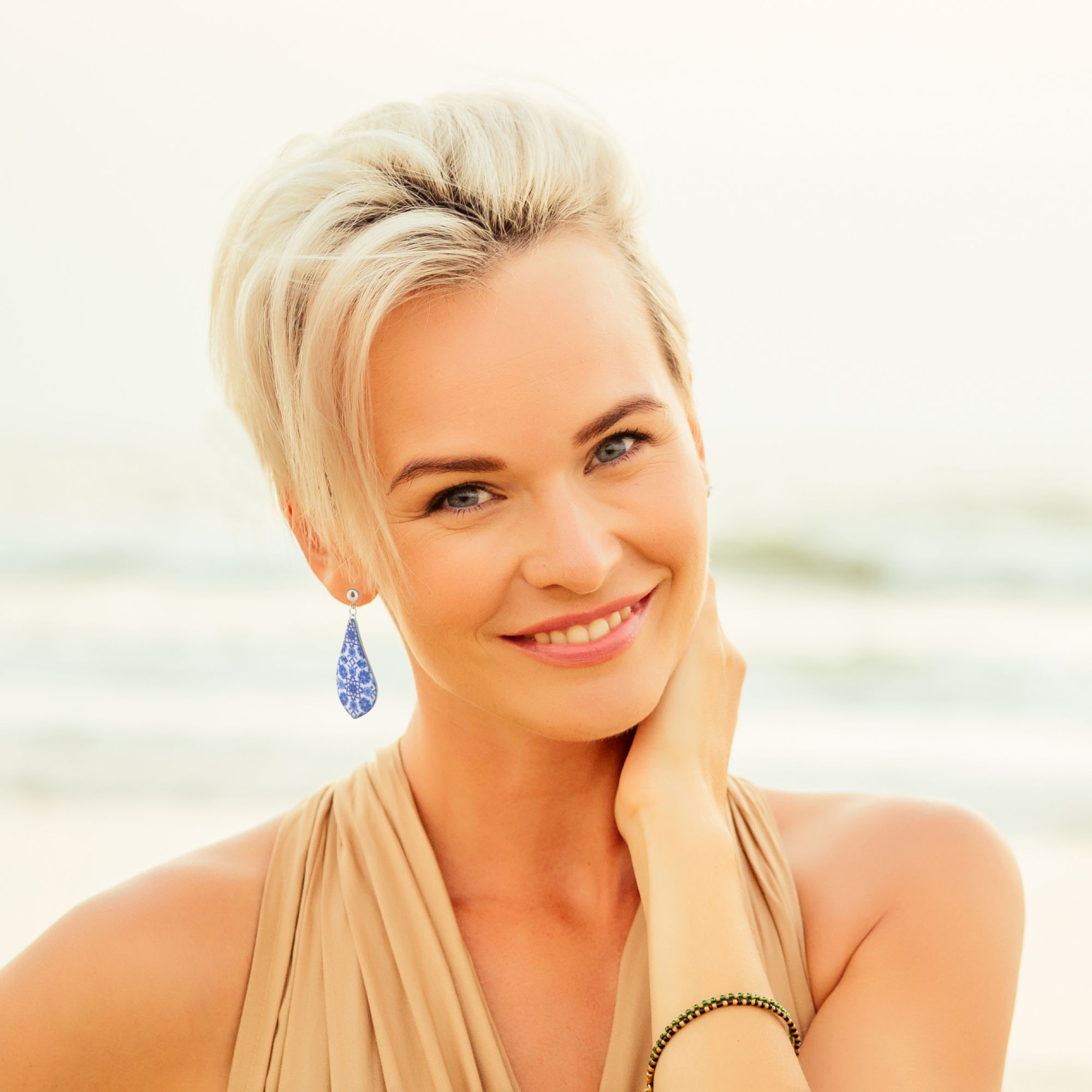 Happy,Middle,Aged,Woman,Wearing,Earring,Diamond,Elegant,Looking,And