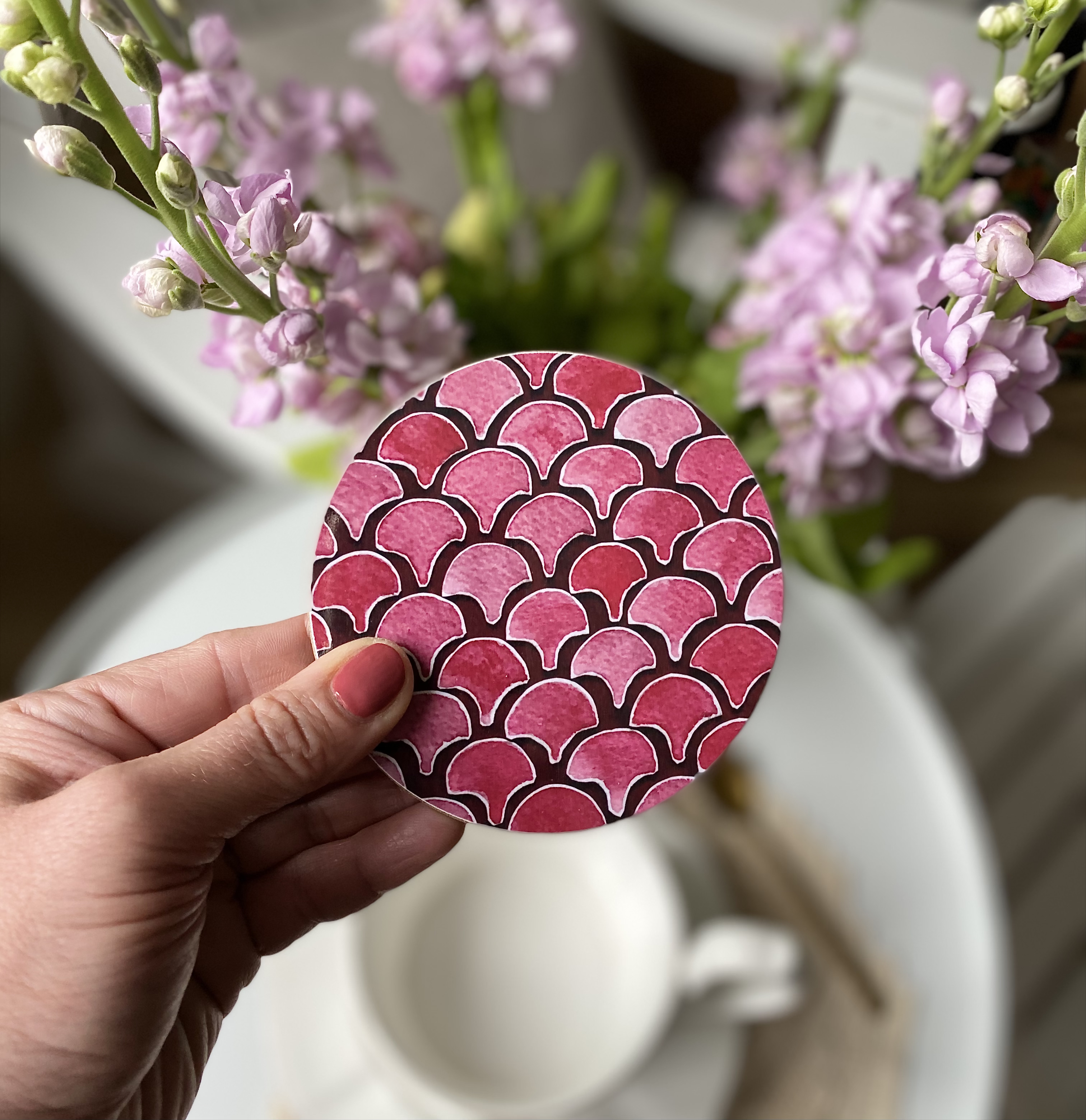 Coaster Ida-Lilja Round Coaster Round Cork Melamine Pink Handmade in UK