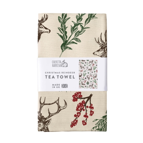 Cherith Harrison Christmas Reindeer Unbleached Cotton Tea Towel Packaging