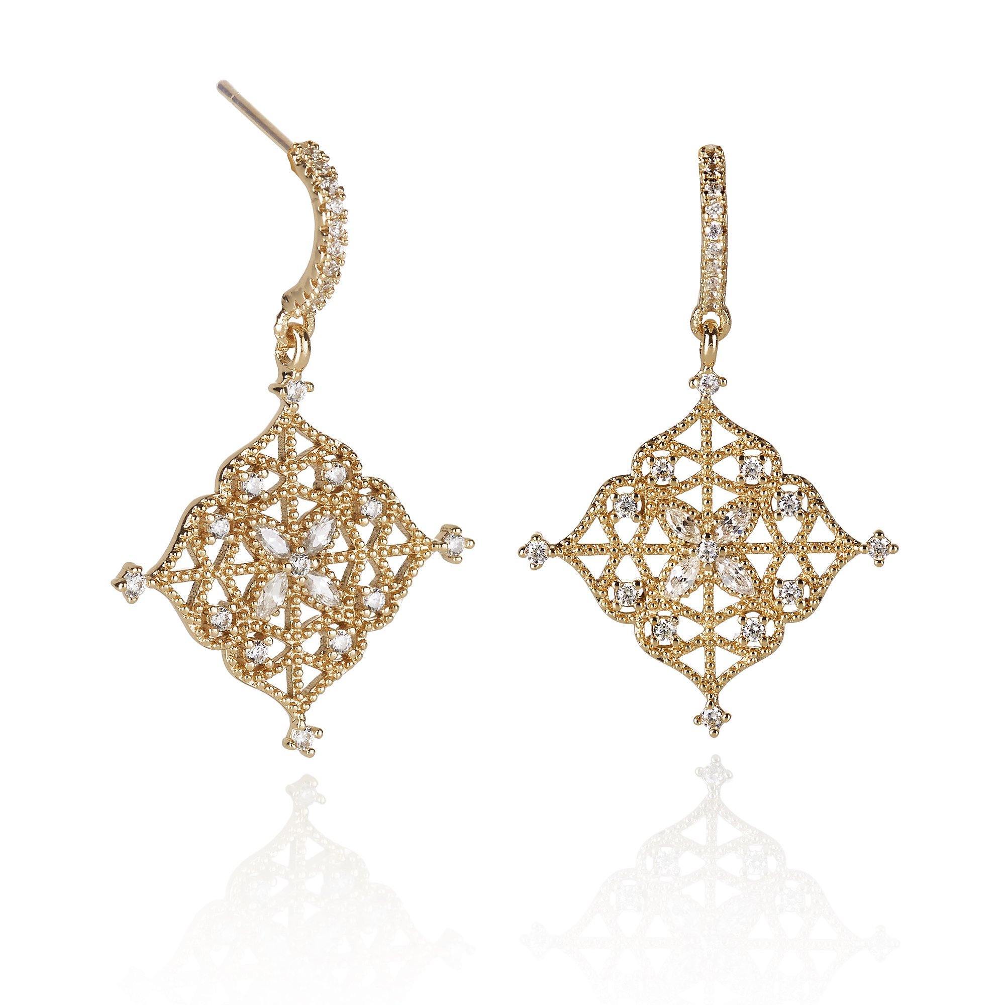 Gold Arabesque Dangle Earrings with Cubic Zirconia 1 Gold Arabesque Dangle Earrings with Cubic Zirconia