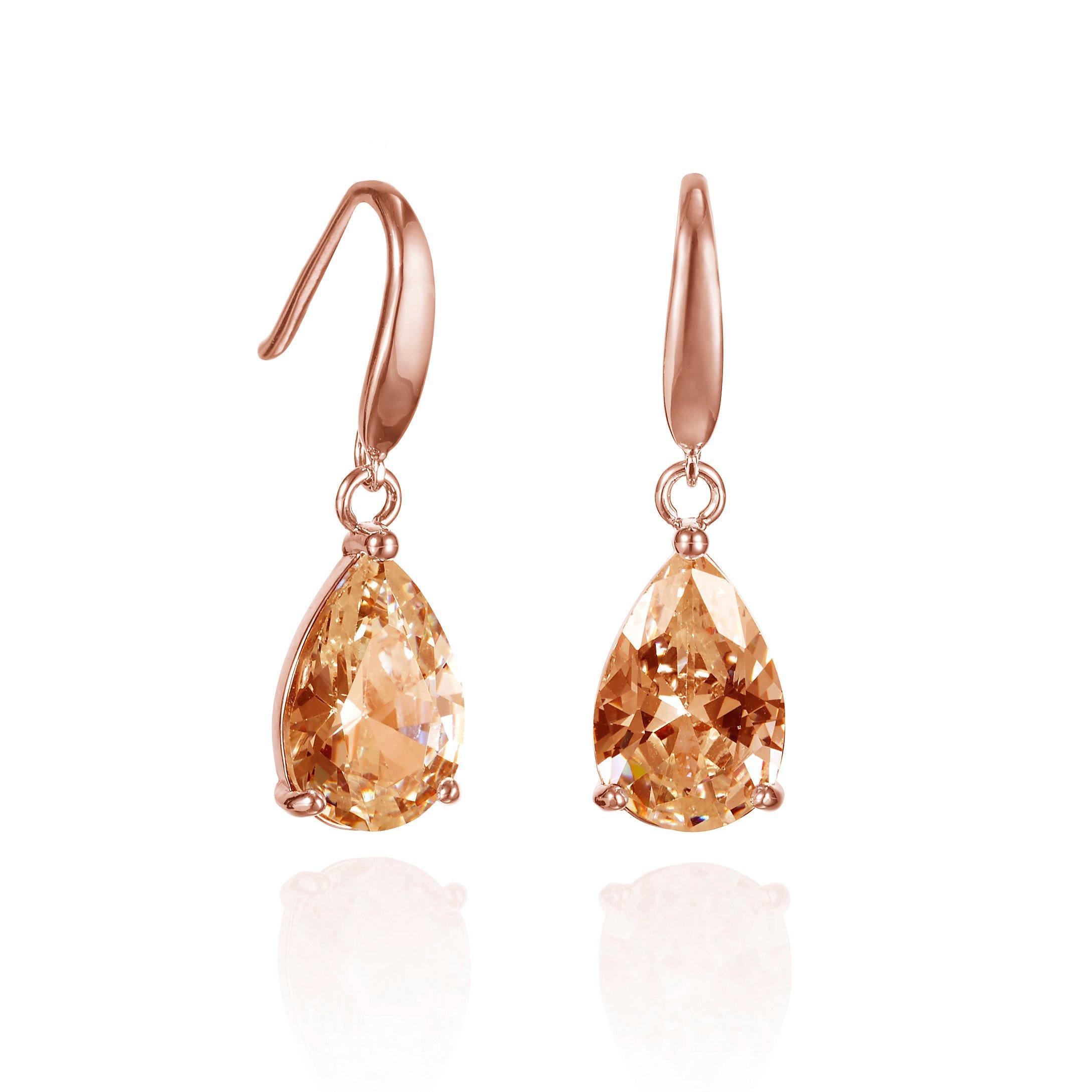 Rose Gold Pear Drop Earrings with Champagne Cubic Zirconia Stones 1 Rose Gold Pear Drop Earrings with Champagne Cubic Zirconia Stones