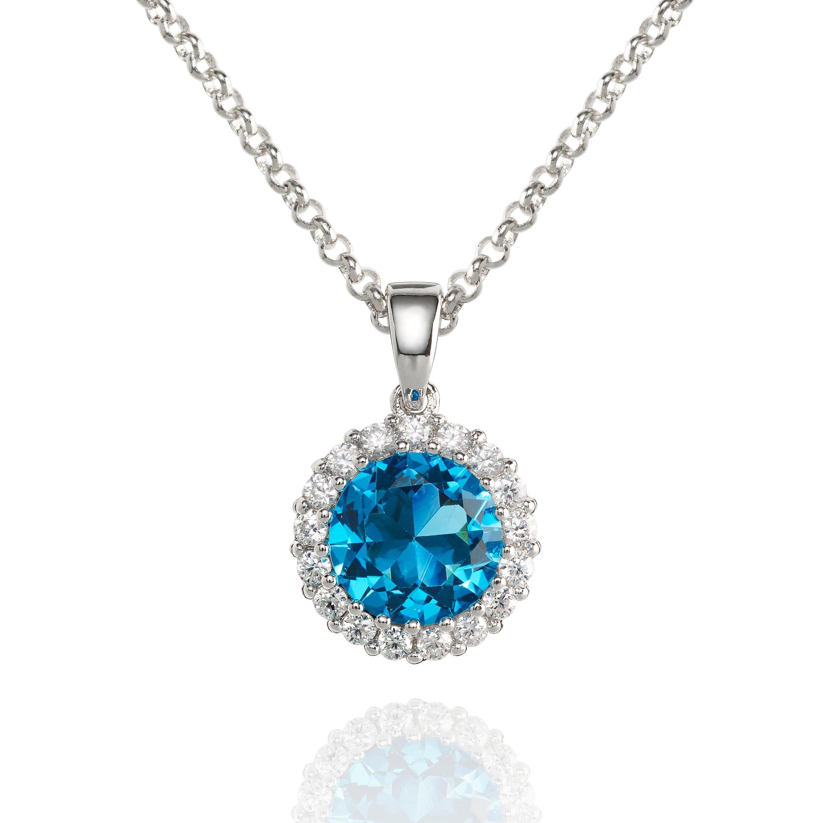 Halo Pendant Necklace with a Light Blue Cubic Zirconia Stone 1 Halo Pendant Necklace with a Light Blue Cubic Zirconia Stone