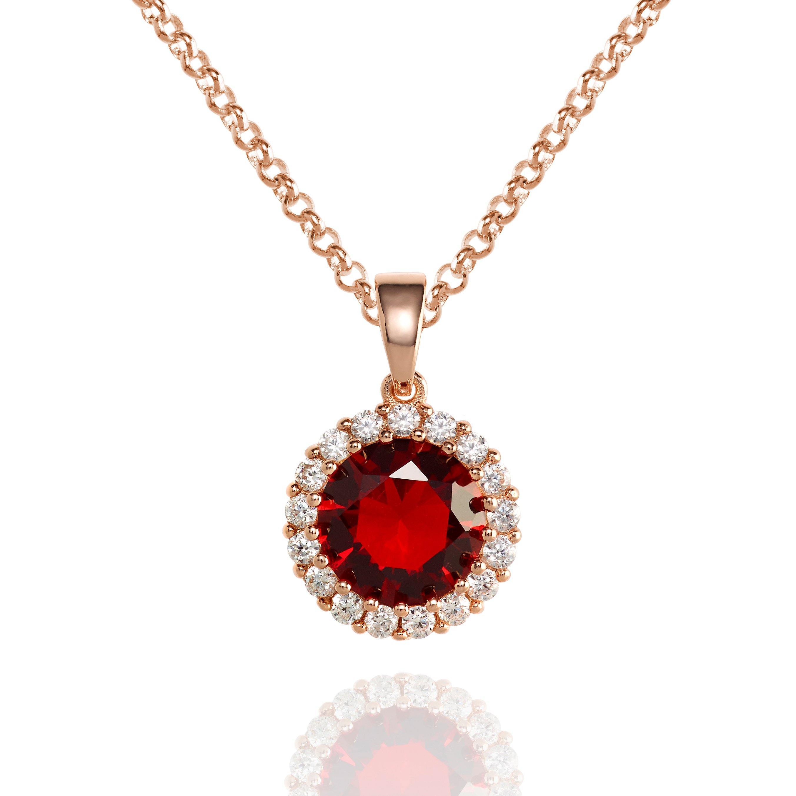 Rose Gold Halo Pendant Necklace with a Red Cubic Zirconia Stone 1 Rose Gold Halo Pendant Necklace with a Red Cubic Zirconia Stone