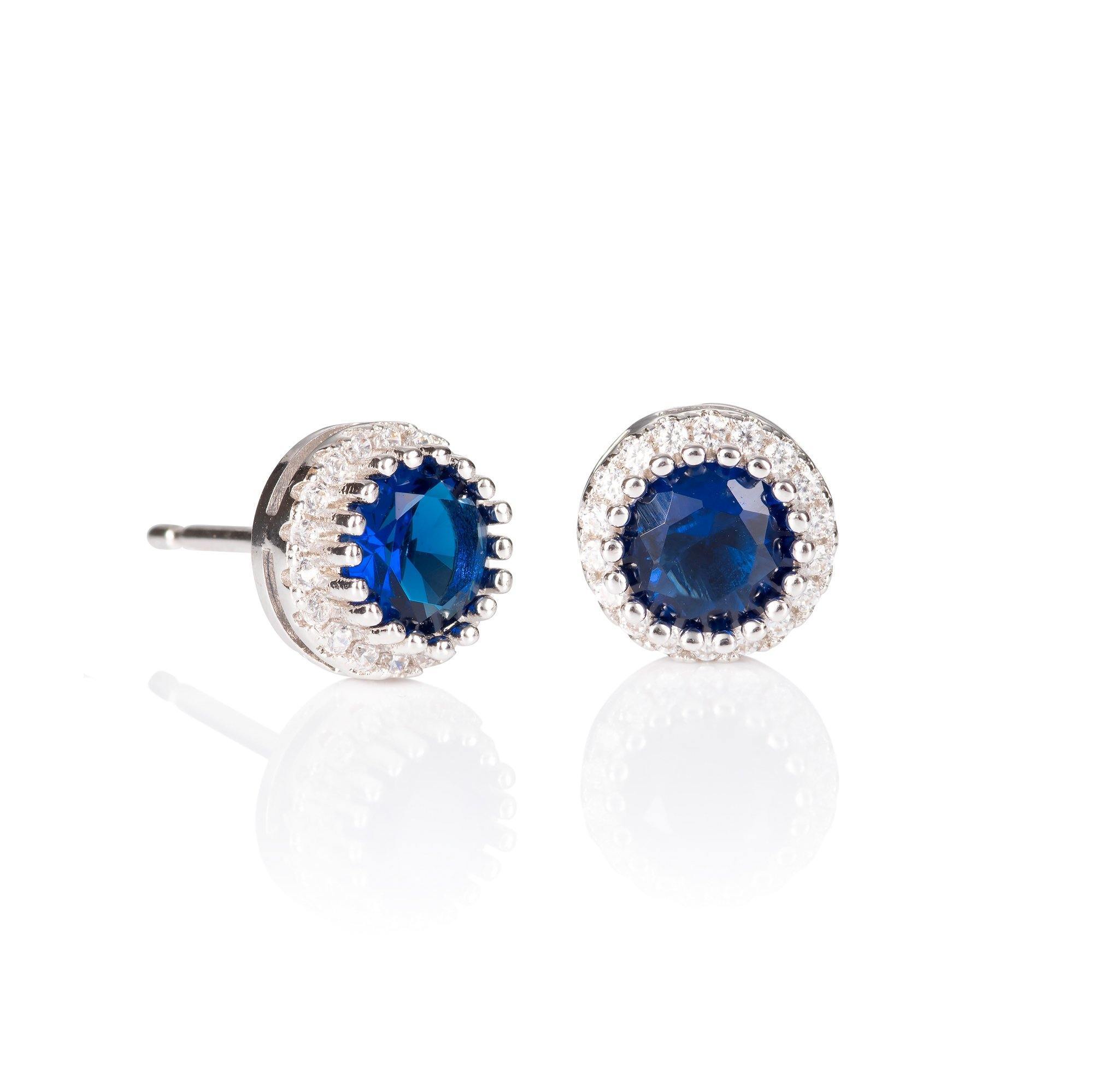Halo Stud Earrings with Blue Cubic Zirconia Stones 1 Halo Stud Earrings with Blue Cubic Zirconia Stones