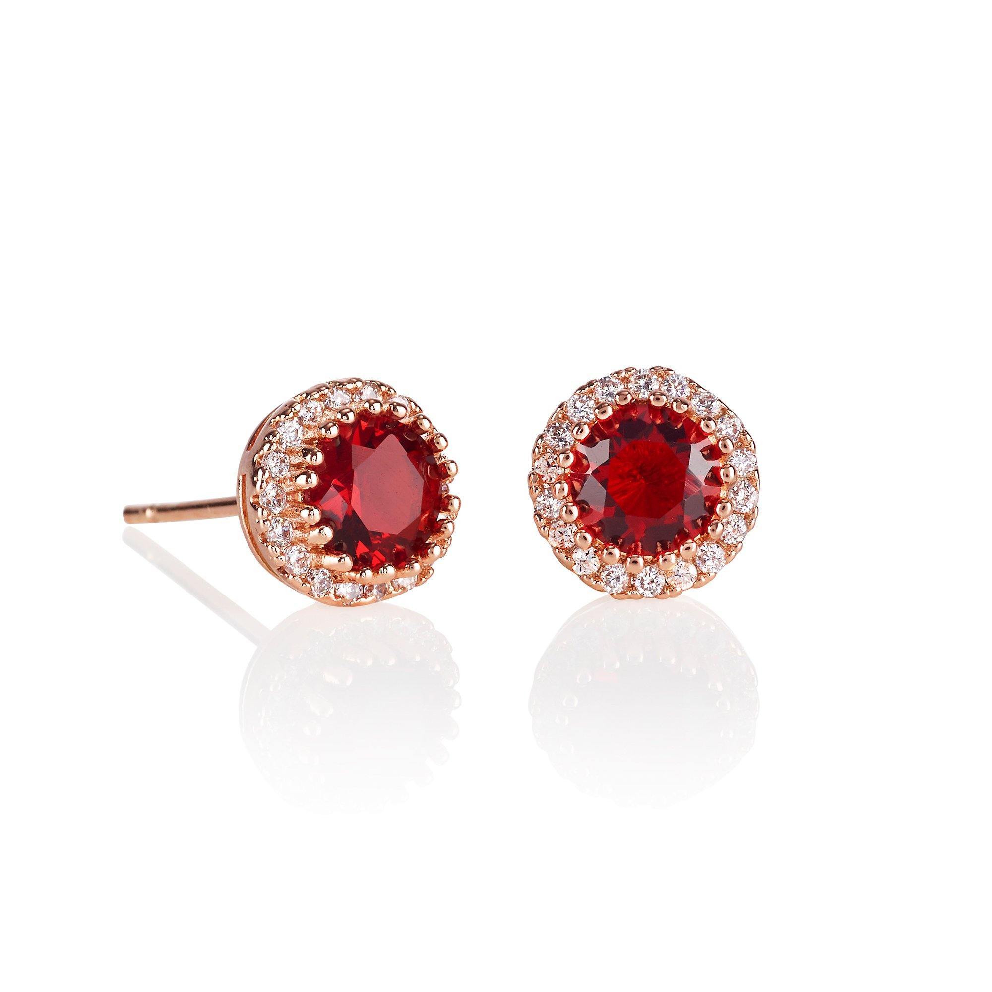 Rose Gold Halo Stud Earrings with Red Cubic Zirconia Stones 1 Rose Gold Halo Stud Earrings with Red Cubic Zirconia Stones