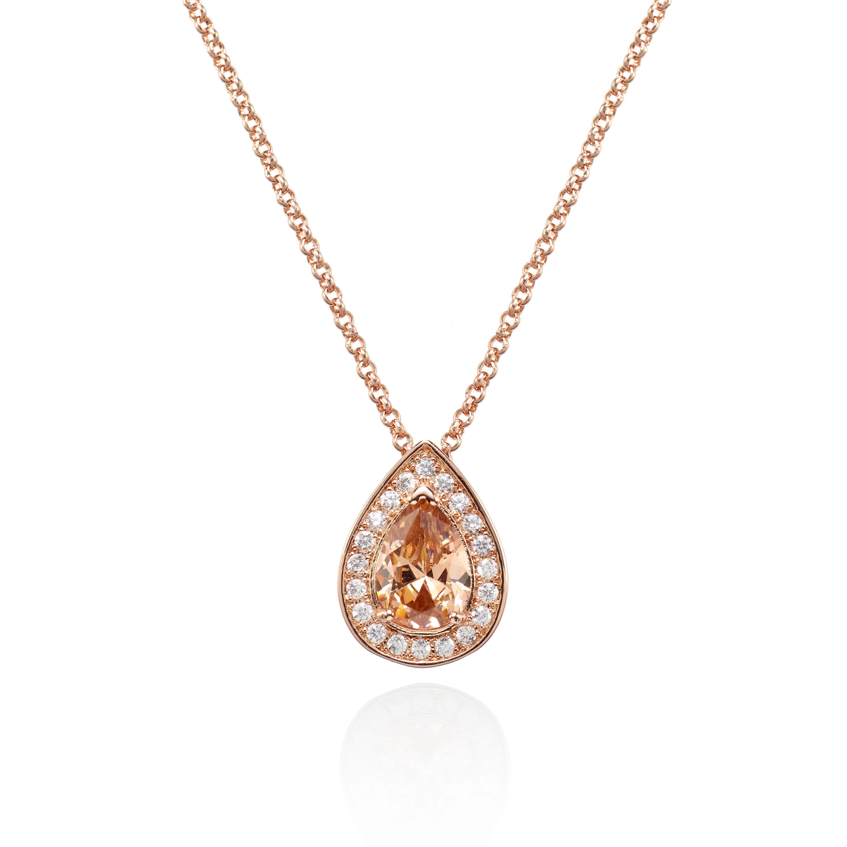Rose Gold Teardrop Pendant Necklace with a Champagne Nude CZ Gemstone 1 Rose Gold Teardrop Pendant Necklace with a Champagne Nude CZ Gemstone