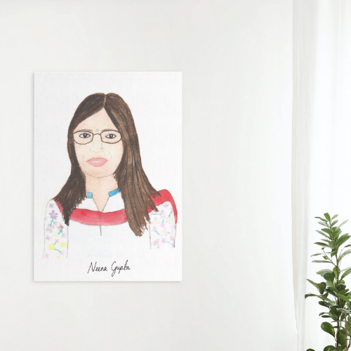Hand drawn Neena Gupta painting on a plain white wall with foliage to the right hand side