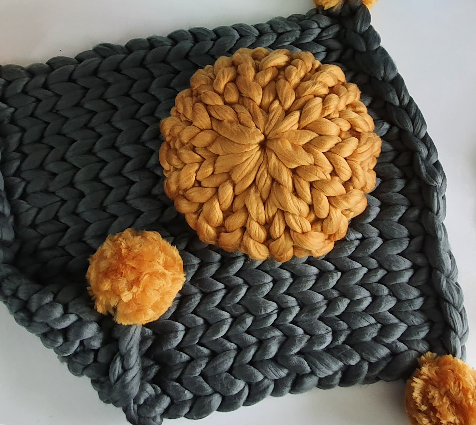 Grey_Lap_blanket_with_pom_poms_and_Mustard_cushion