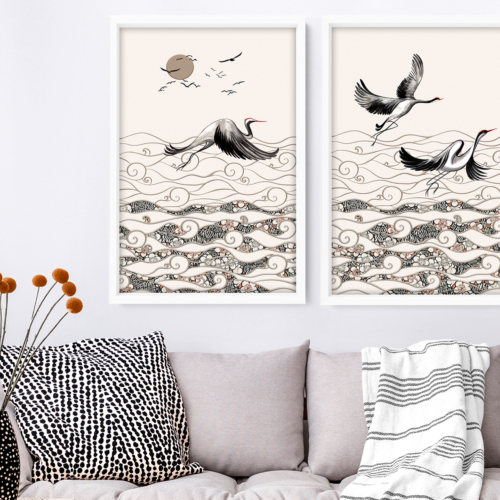 Office decor wall art Set of 2, Cranes Japanese art Home Decor, calming zen wall decor, Japandi illustration living room , minimalist print,