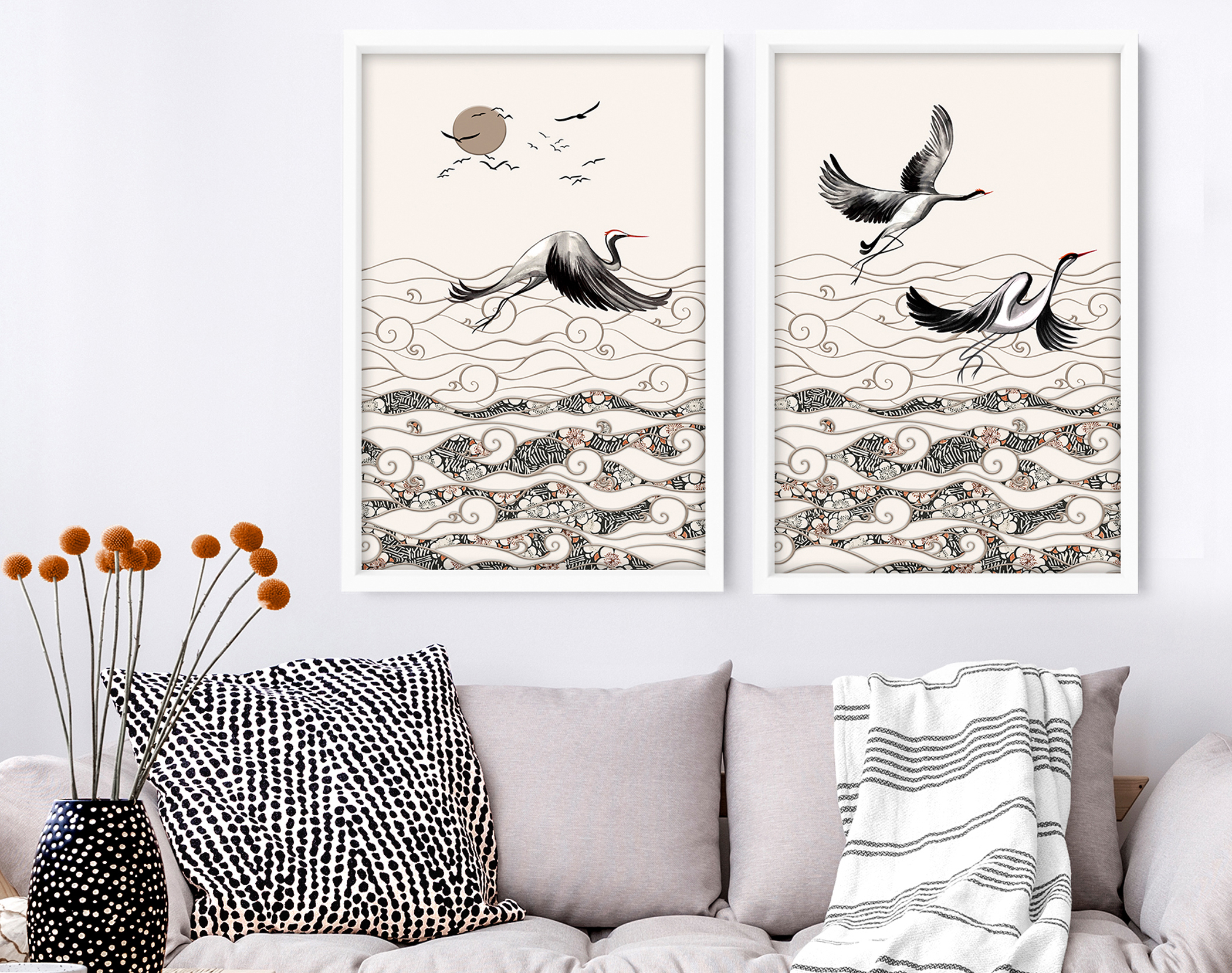 Office decor wall art Set of 2, Cranes Japanese art Home Decor, calming zen wall decor, Japandi illustration living room , minimalist print, Office decor wall art Set of 2, Cranes Japanese art Home Decor, calming zen wall decor, Japandi illustration living room , minimalist print,