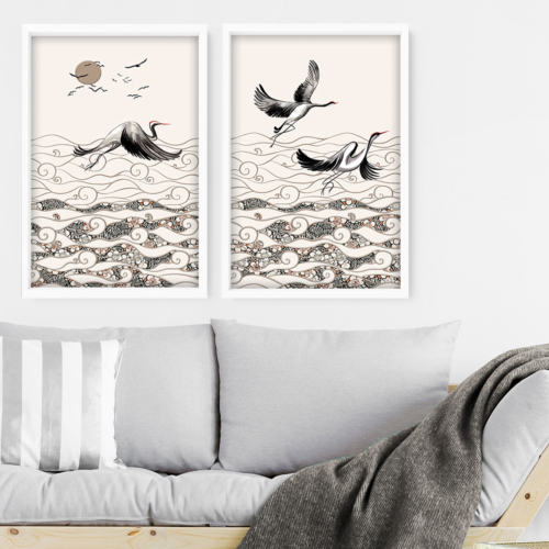 Office decor wall art Set of 2, Cranes Japanese art Home Decor, calming zen wall decor, Japandi illustration living room , minimalist print,